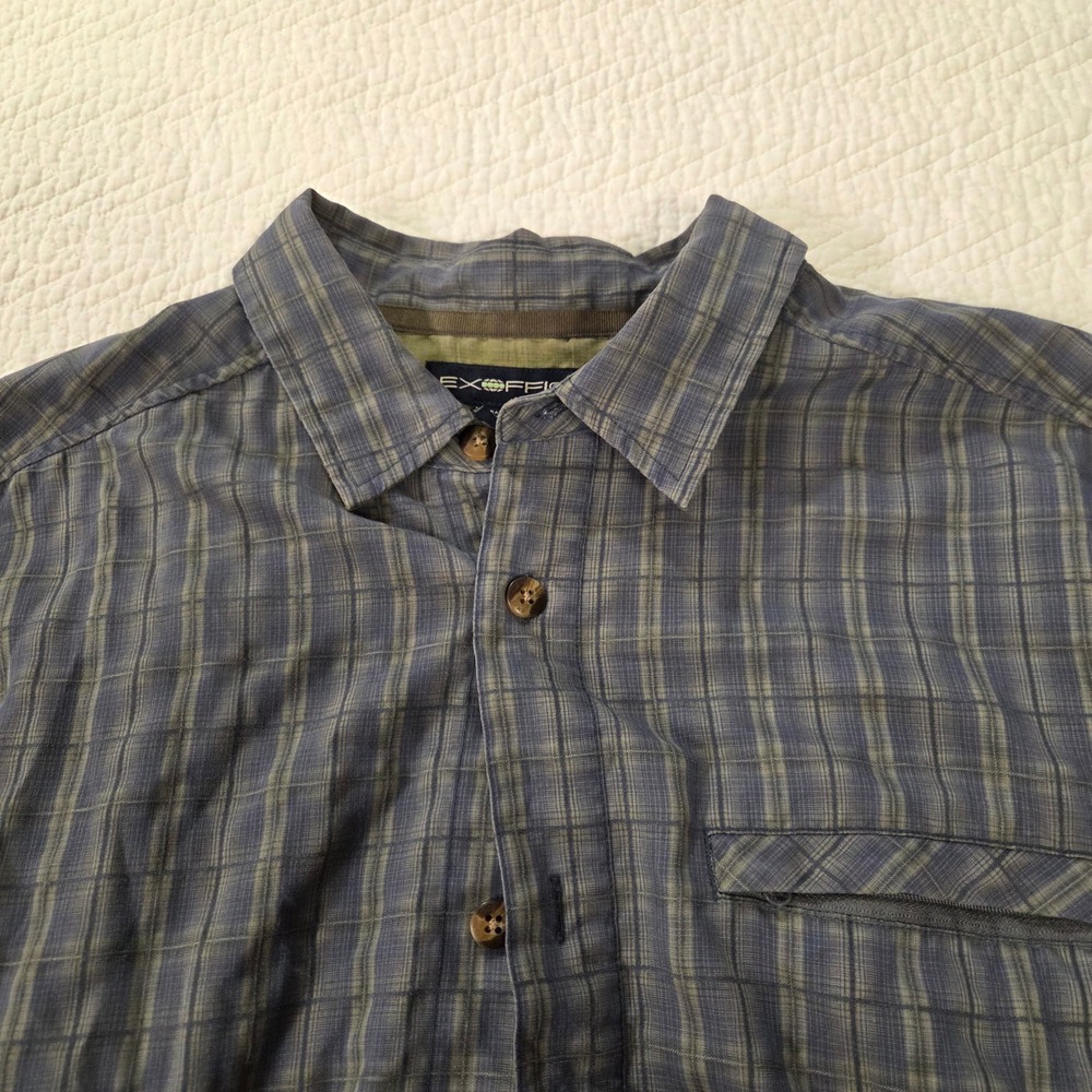 ExOfficio Mens XL Blue Plaid Rayon Blend Long Sleeve Button Front Travel Shirt